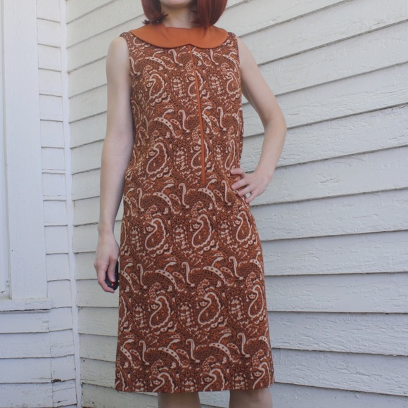 60s Mod Print Dress Rust Spice S Vintage Mary Dobb - Picture 1 of 7